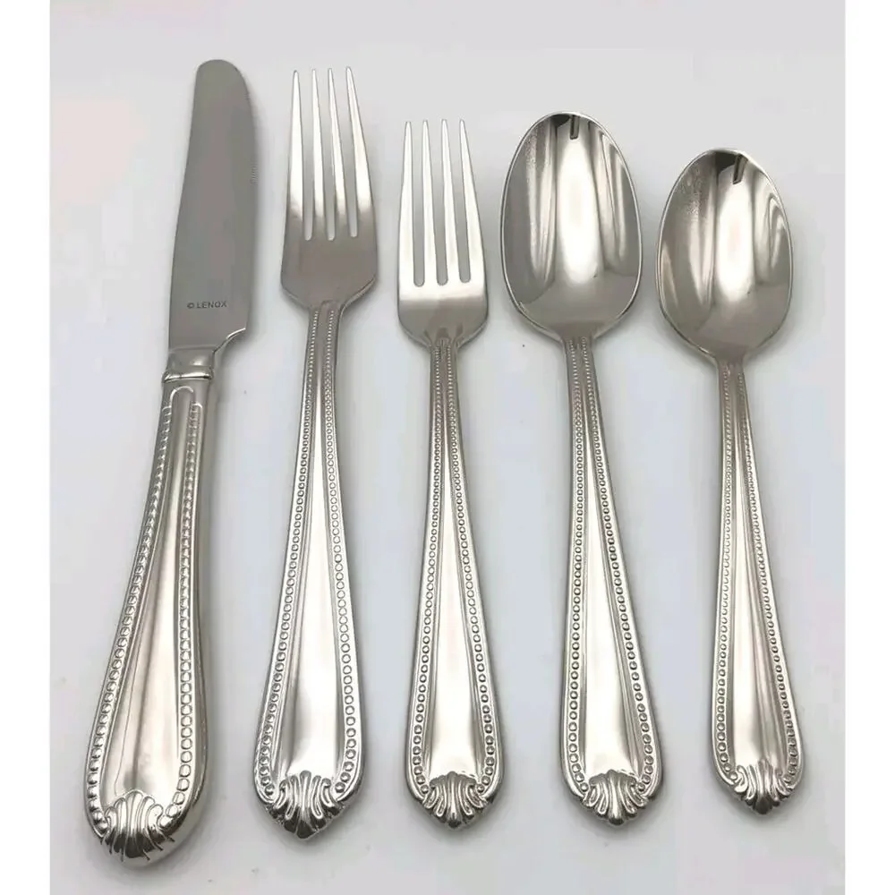 Lenox Bead Plum Tip 5 Piece Place Set 18/10 Stainless Glossy Flatware NOS